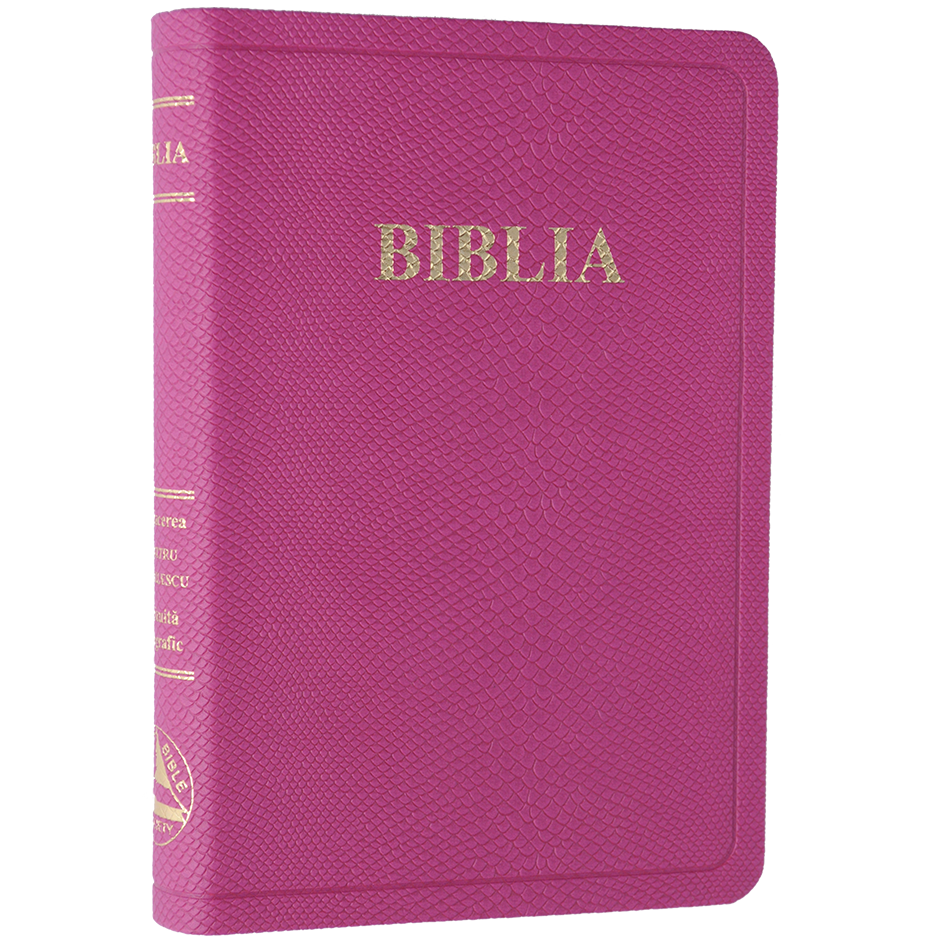 Biblia din piele, marime medie, roz, fara fermoar, margini aurii, cuv. lui Isus in rosu [052 P]