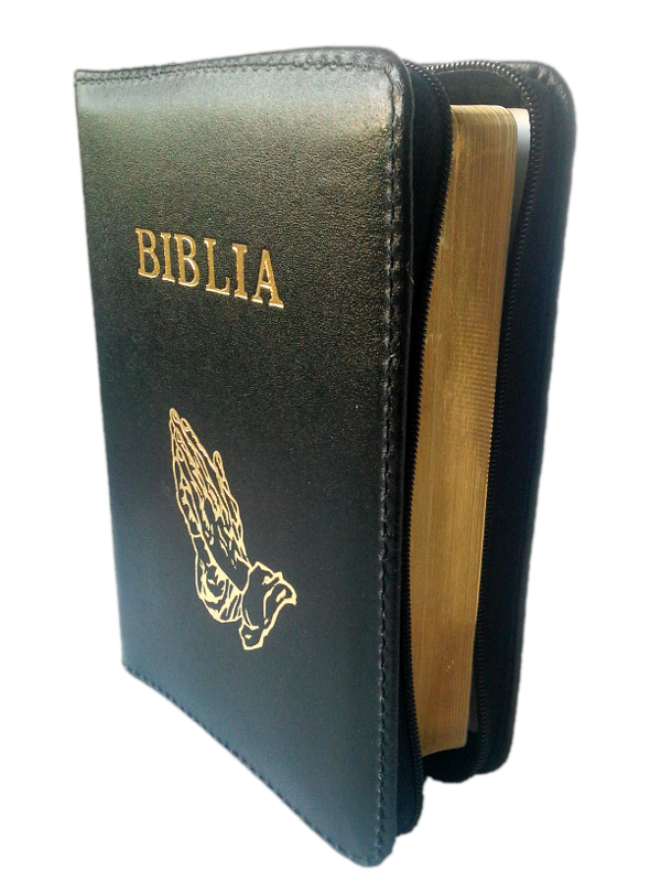 Biblie din piele, mica, neagra, fermoar, aurita, cu maini, cuv. lui Isus in rosu [043 A]