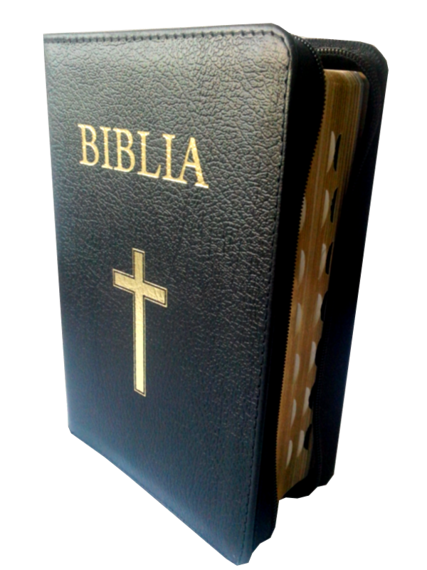 Biblia mica, din piele, neagra, margini aurii, cu index, fermoar, cu cruce [043 PFI]