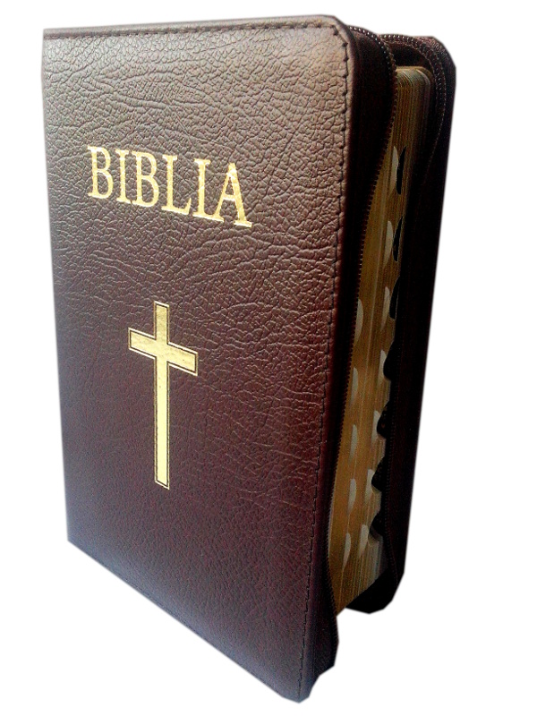 Biblia mica, din piele, visinie, fermoar, margini aurii, cu index, cu cruce [043 PFI]