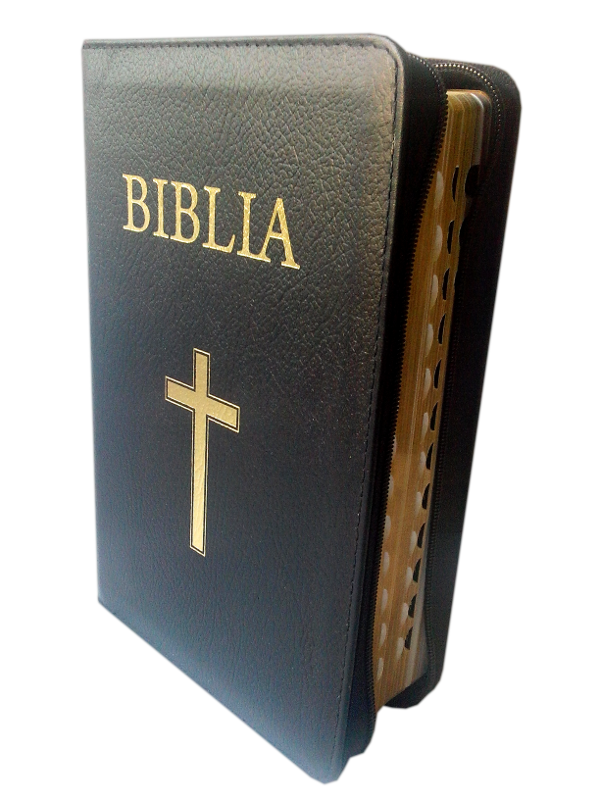 Biblia marime medie, din piele, neagra, fermoar, index, margini aurii,cu cruce [053 PFI]
