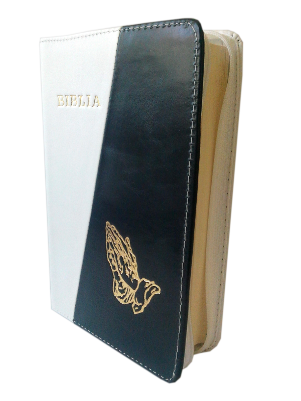 Biblia din piele, marime medie, alb / negru, fermoar, cu maini [053]