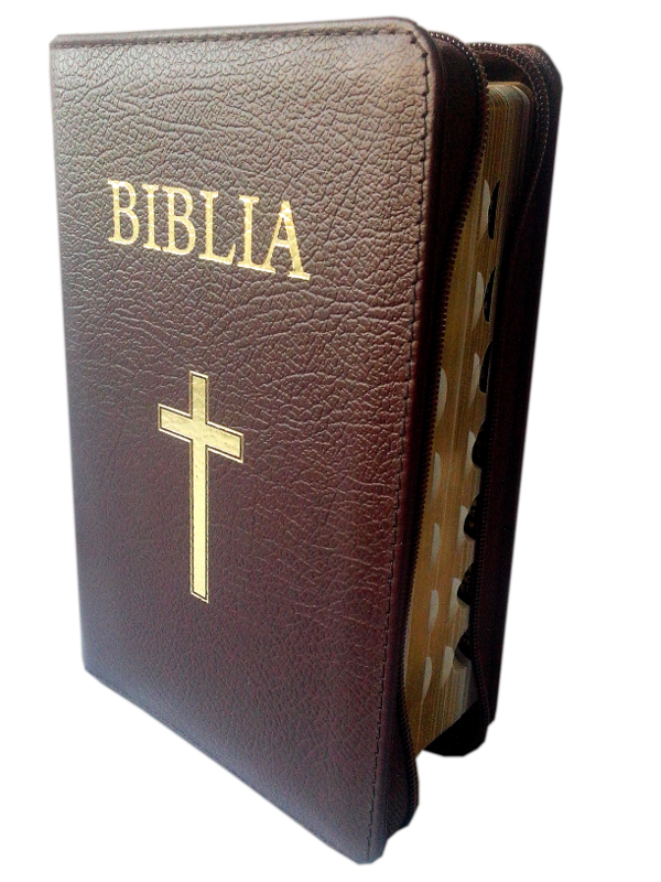 Biblia marime medie, din piele, visinie, fermoar, index, cu cruce [063 PFI]