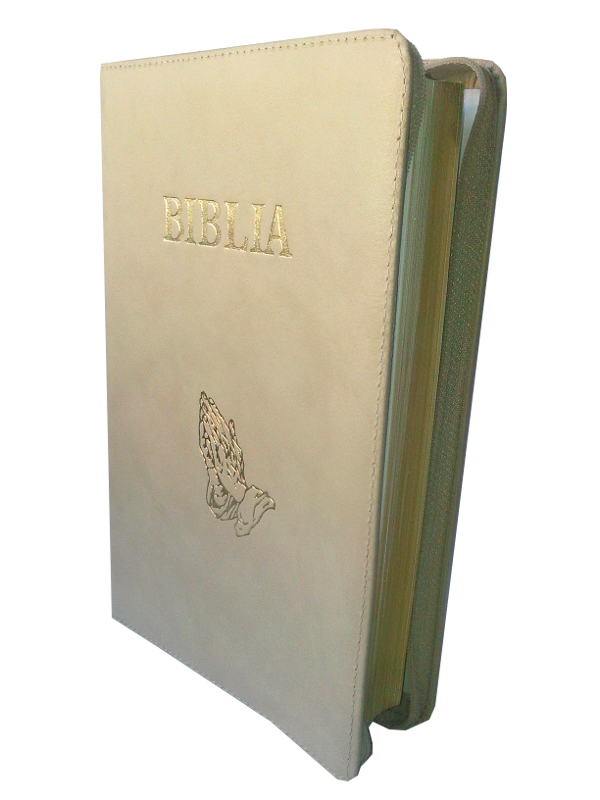 Biblia mare, din piele, bej, fermoar, margini aurii, cu maini, cuv. lui Isus in rosu [073 PFR]