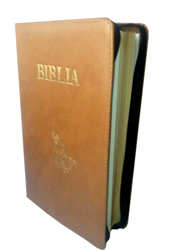 Biblia mare, din piele, maro, fermoar, margini aurii, cu maini, cuv. lui Isus in rosu [073 PFR]