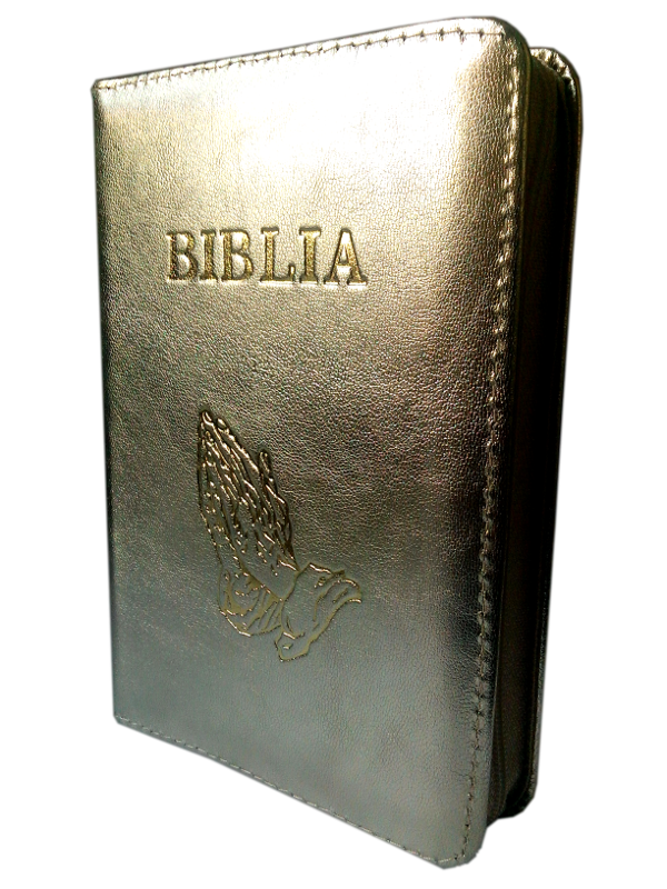 Biblie din piele, mica, culoare aurie, fermoar, aurita, cu maini, cuv. lui Isus in rosu [043 A]