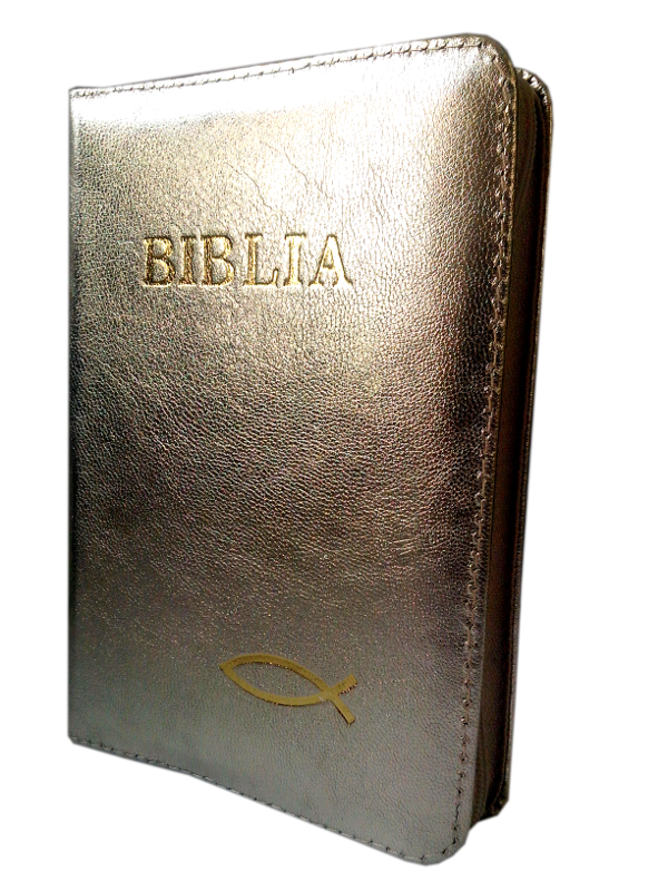 Biblie din piele, mica, culoare aurie, fermoar, margini albe cu peste, cuv. lui Isus in rosu [043 PF]