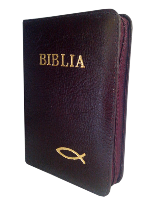 Biblie din piele, mica, visiniu, fermoar, aurita, cu peste, cuv. lui Isus in rosu [043 A]