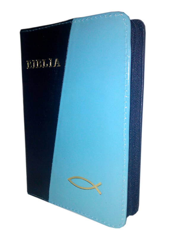Biblie din piele, mica, negru/albastru turcoaz, fermoar, aurita, cu peste, cuv. lui Isus in rosu [043 A]