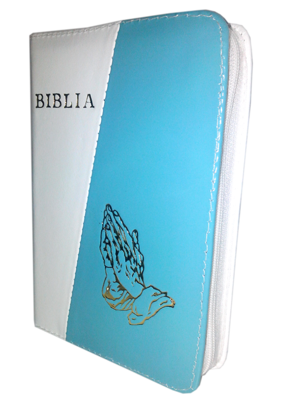 Biblie din piele, mica, alb/albastru turcoaz, fermoar, aurita, cu maini, cuv. lui Isus in rosu [043 A]
