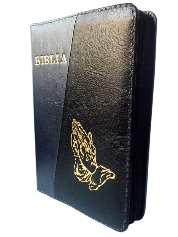 Biblie din piele, mica, indigo / negru, fermoar, aurita, cu maini, cuv. lui Isus in rosu [043 A]