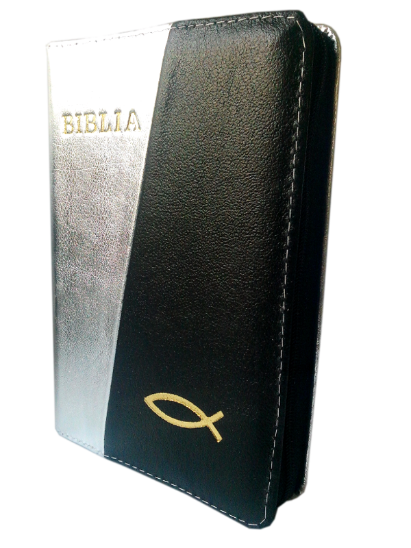Biblie din piele, mica, argintiu/negru, fermoar, aurita, cu peste, cuv. lui Isus in rosu [043 A]