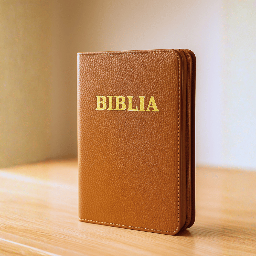 Biblia mica, piele, maro, index, fermoar, margini aurii, cuv. lui Isus in rosu [047 PFI]