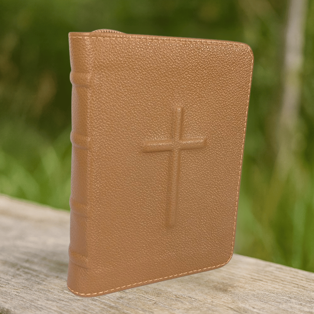 Biblia mica, piele, maro, index, fermoar, margini aurii, simbol cruce in relief, cuv. lui Isus in rosu [047 PFI]