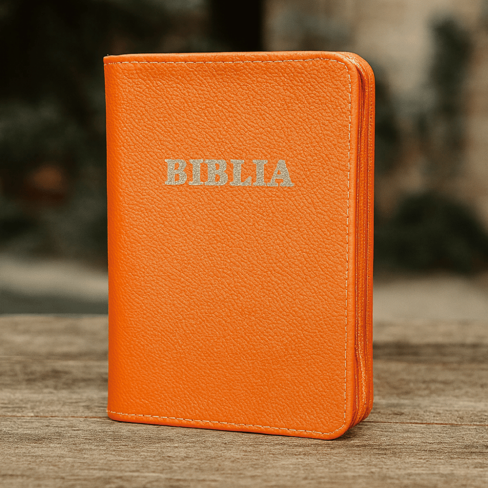 Biblia mica, piele, portocalie, index, fermoar, margini aurii, cuv. lui Isus in rosu [047 PFI]