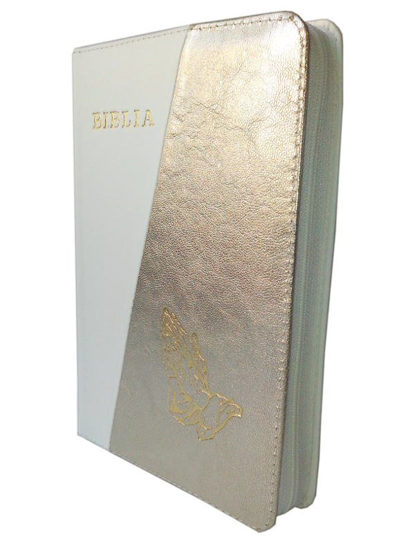 Biblia din piele, medie, alb / auriu, fermoar, aurita, cu maini, cuv. lui Isus cu rosu [052]