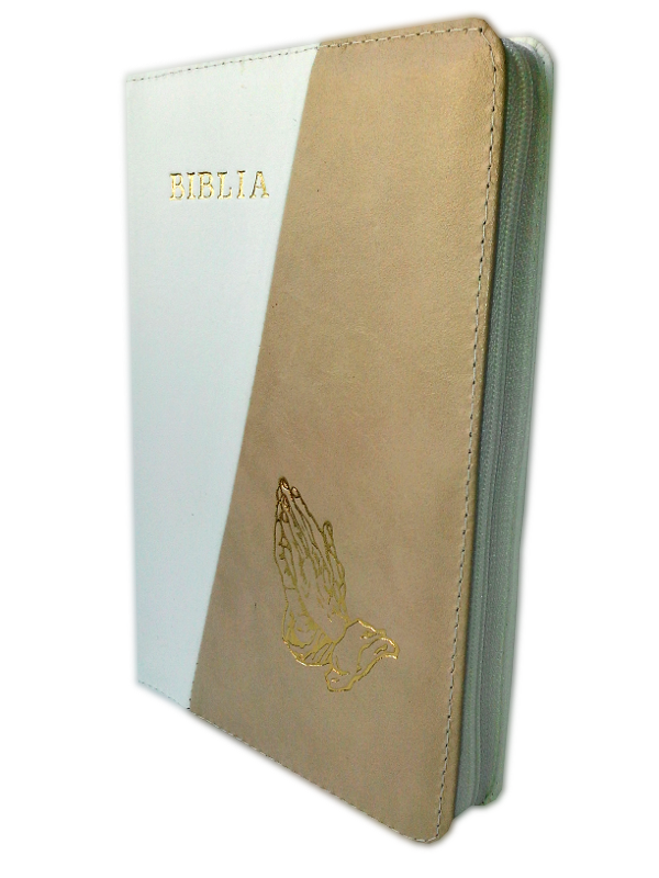 Biblia din piele, medie, alb / bej, fermoar, aurita, cu maini, cuv. lui Isus cu rosu [052]