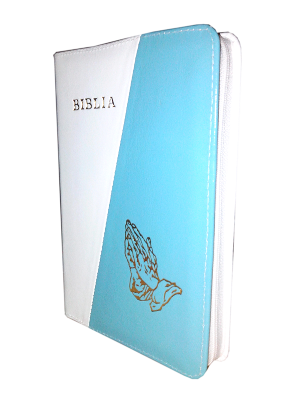 Biblia din piele, medie, alb / albastru turcoaz, fermoar, aurita, cu maini, cuv. lui Isus cu rosu [052]