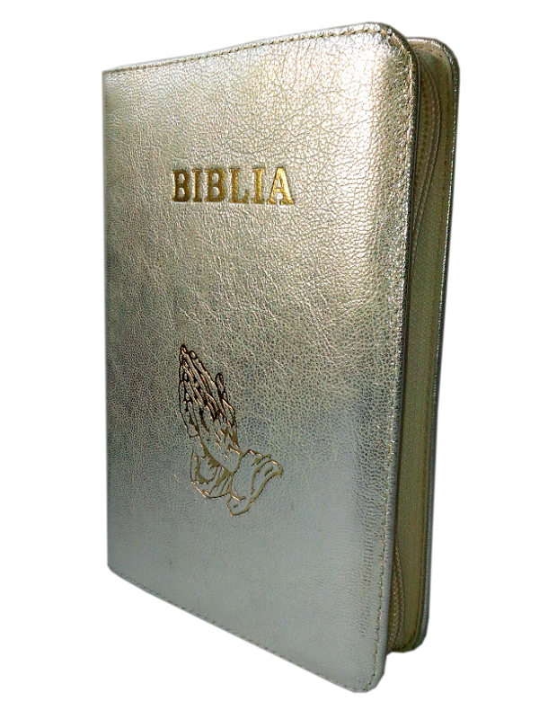Biblia din piele, medie, argintie, fermoar, aurita, cu maini, cuv. lui Isus cu rosu [052]