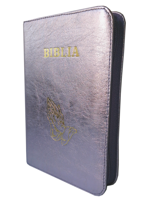 Biblia din piele, medie, culoare lila, fermoar, aurita, cu maini, cuv. lui Isus cu rosu [052]