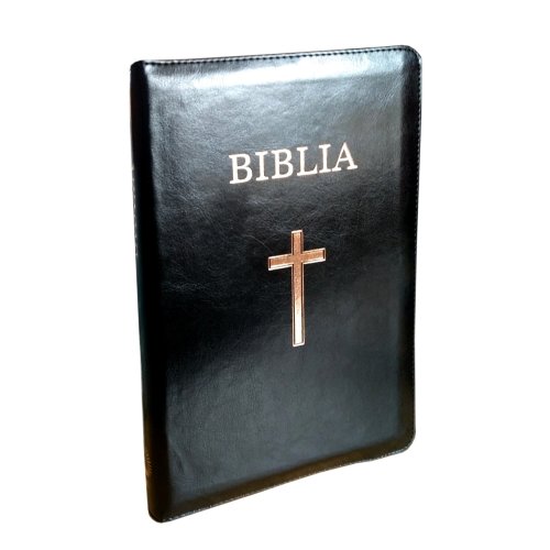 Biblie mare, piele ecologica, neagra, fermoar, index, margini aurii, cu cruce,cuv. Isus cu rosu [SI 073 FI]