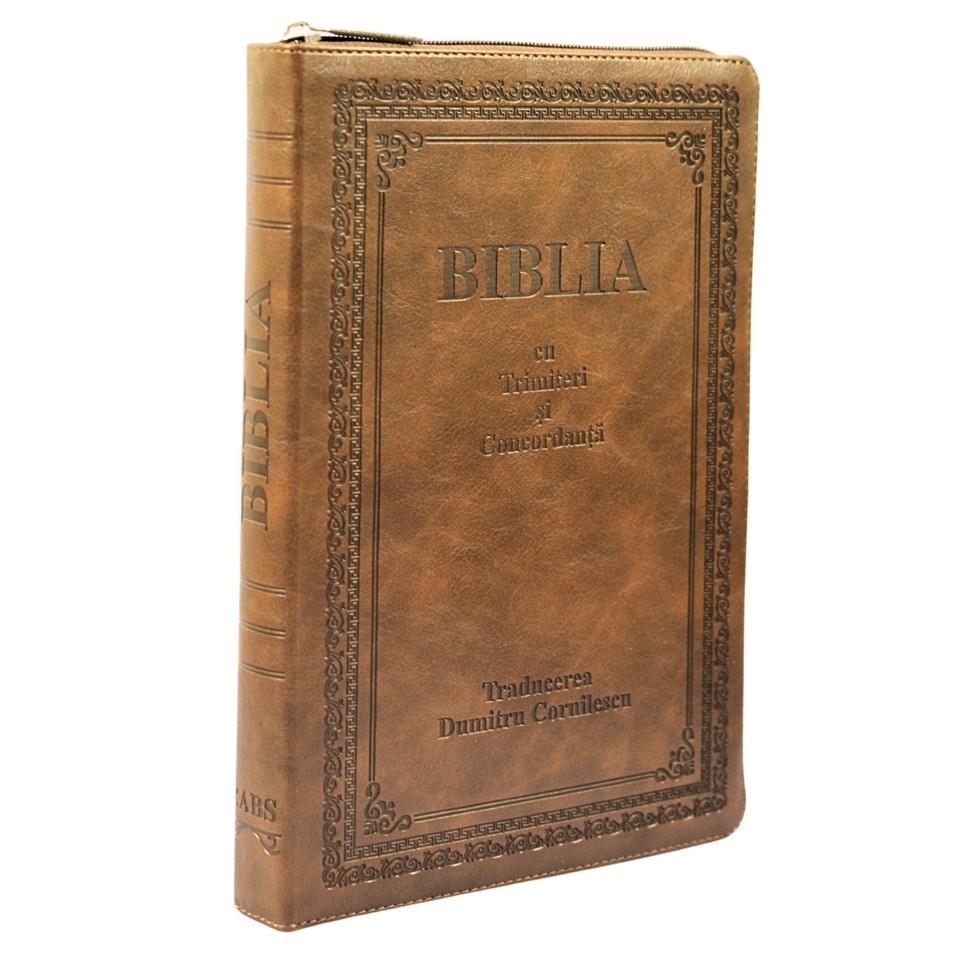 Biblia cu concordanta, mare, scris foarte mare, piele ecologica, maro, fermoar, index, margini albe, cuv. lui Isus in rosu [083 ZTI]