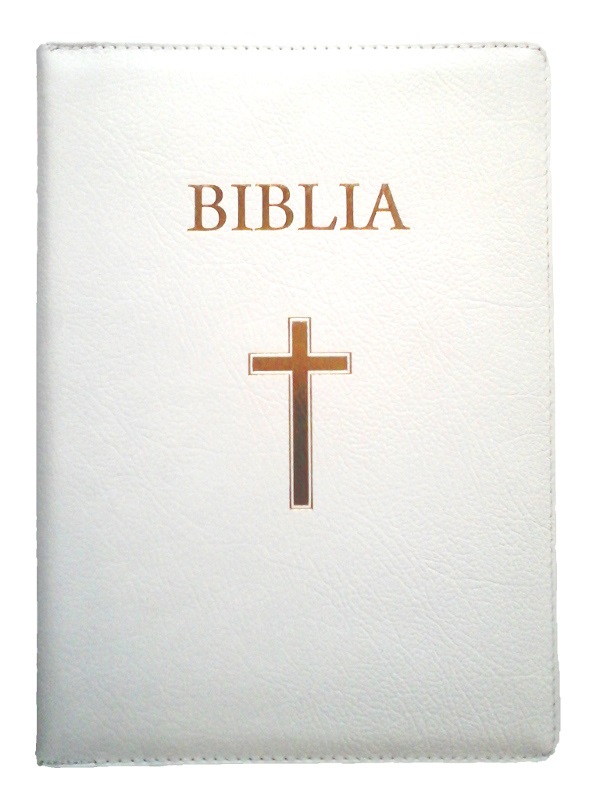 Biblia de lux, mare, din piele, alba, cu fermoar, index, aurita, cu cruce [CB 073]