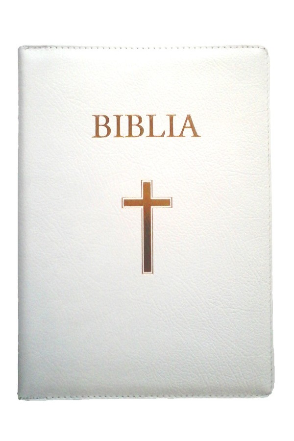 Biblia marime medie, din piele, alba, aurita, cu cruce [063 P]