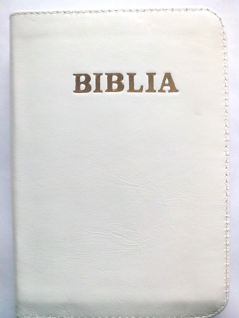 Biblia format mic, din piele, culoare alba, index, fermoar, margini argintii, cuv. lui Isus in rosu [047 PFI]