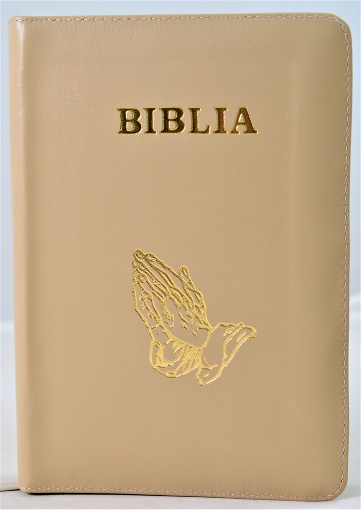 Biblia marime medie, piele, culoare nuanta bej, fermoar, cu maini, cuv. lui Isus cu rosu [053]