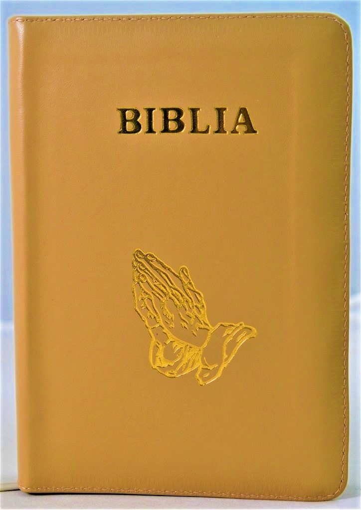 Biblia marime medie, piele, culoare cafenie, fermoar, cu maini, cuv. lui Isus cu rosu [053]