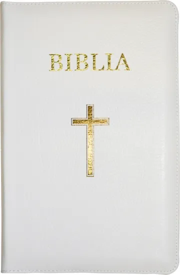 Biblie medie, piele naturală, albă, index, margini aurii, cu cruce,cuv. Isus cu rosu [SI 063] - Ediție centenară