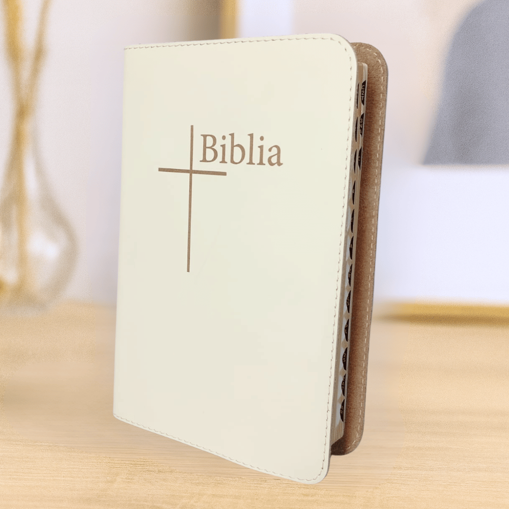 Biblia medie, piele, crem deschis, aurita, index, fara fermoar, cuv. lui Isus cu rosu, simbol cruce in relief [057 PI]