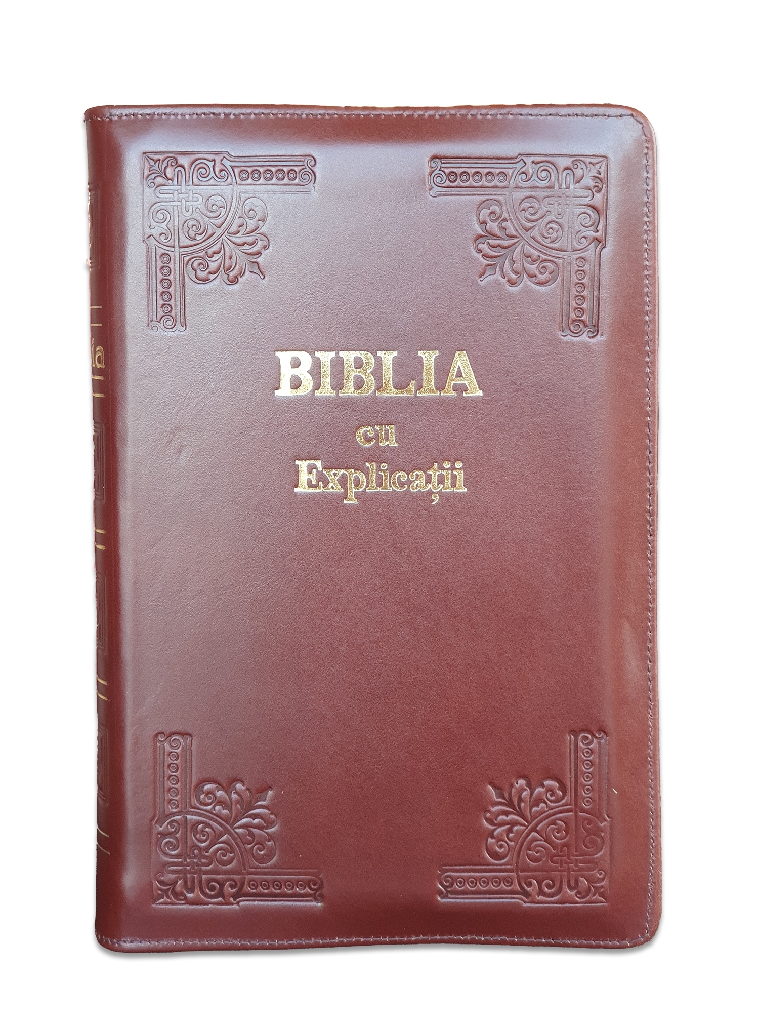 Biblia handmade, cu concordanta si explicatii, marime mare, piele, culoare maro inchis, fermoar, index, margini aurii, cuv. lui Isus cu rosu [CO 77 HMI]