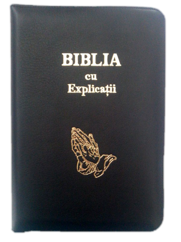 Biblia cu explicatii + concordanta biblica, piele naturala, neagra, fermoar, index, aurita, cuv. lui Isus cu rosu, simbol maini [CO 77 PFI]