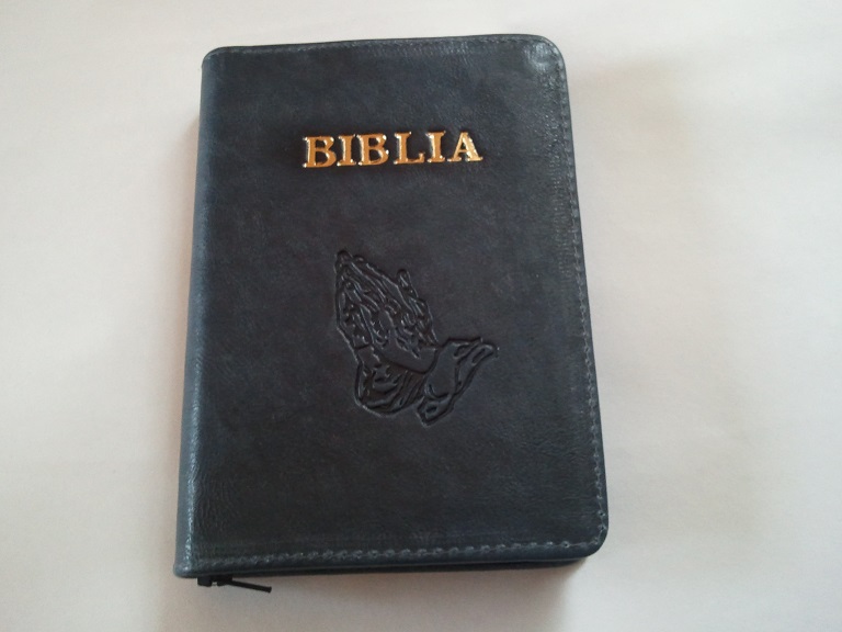 Biblia din piele, mica, gri antracit, cu maini [043]