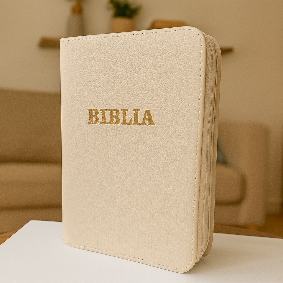 Biblie din piele, marime medie, crem deschis, fermoar, index, margini aurii, cuv. lui Isus cu rosu [057 PFI]