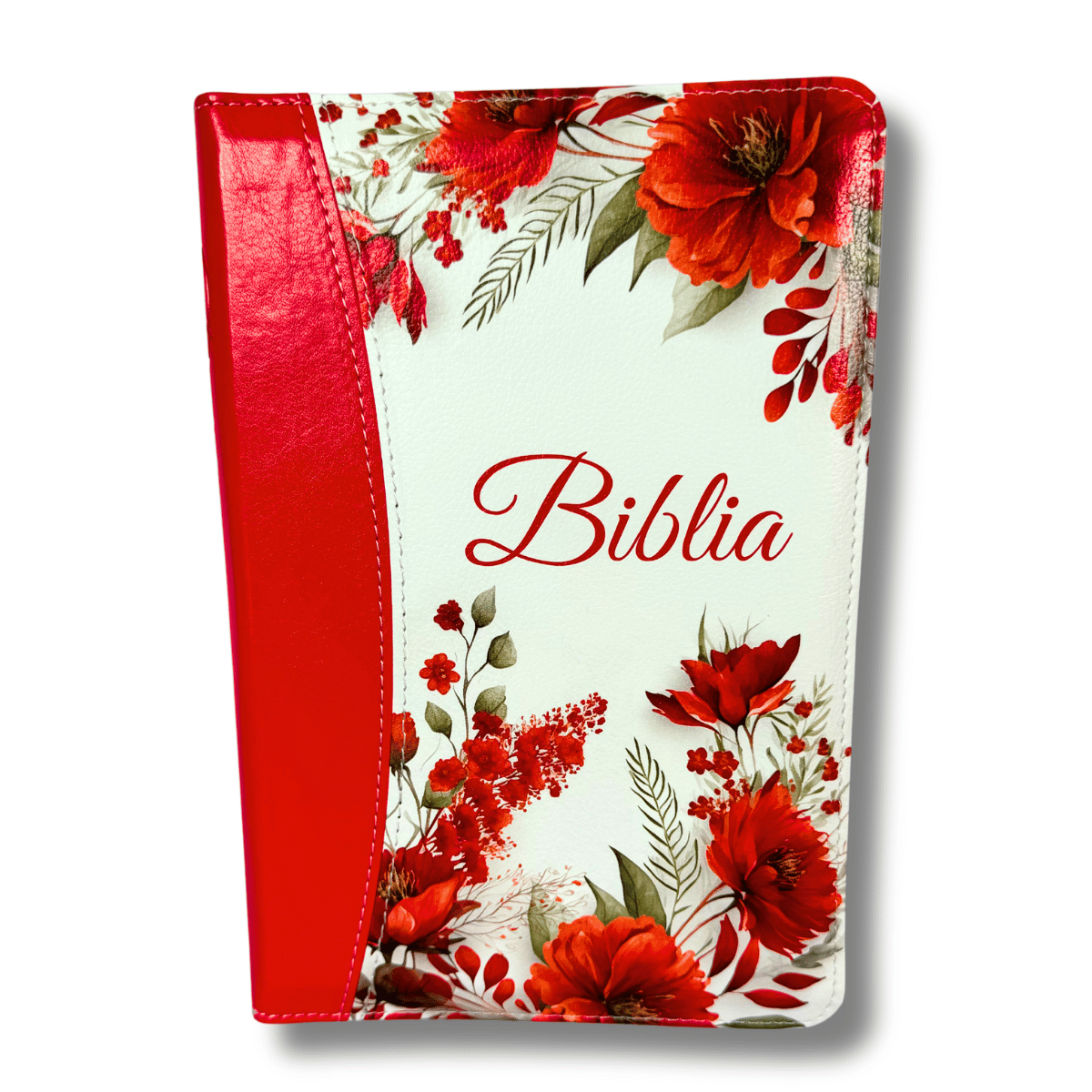 Biblie marime medie, piele ecologică, model floral rosie, fermoar, index, margini aurii, cuv. lui Isus cu rosu [057 F]