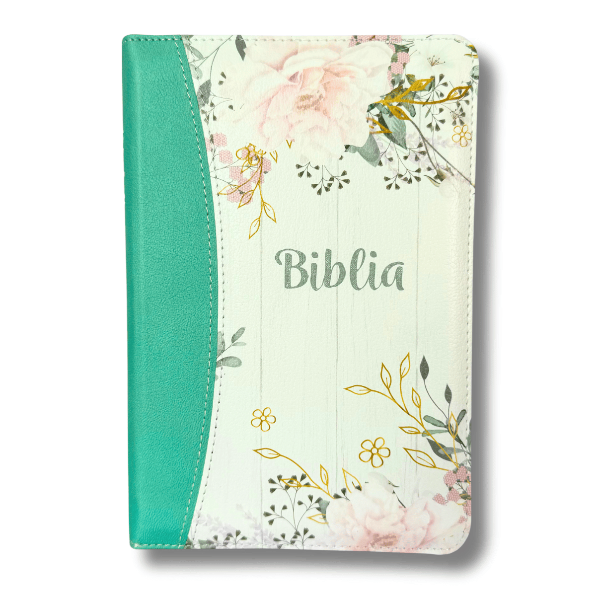 Biblie marime medie, piele ecologică, model floral turcoaz, fermoar, index, margini aurii, cuv. lui Isus cu rosu [057 F]