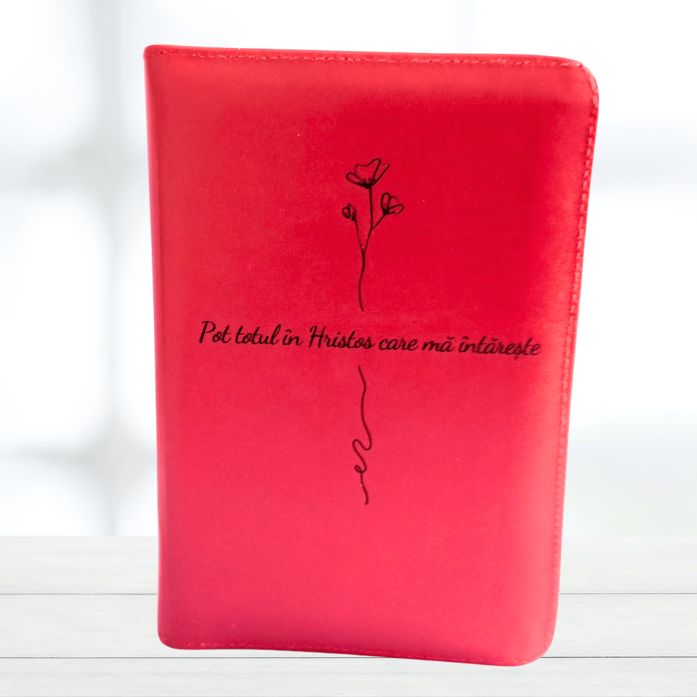 Biblie din piele gravată, model 15, marime medie,  roșie, fermoar, index, margini aurii, cuv. lui Isus cu rosu [SB 057 PFI]