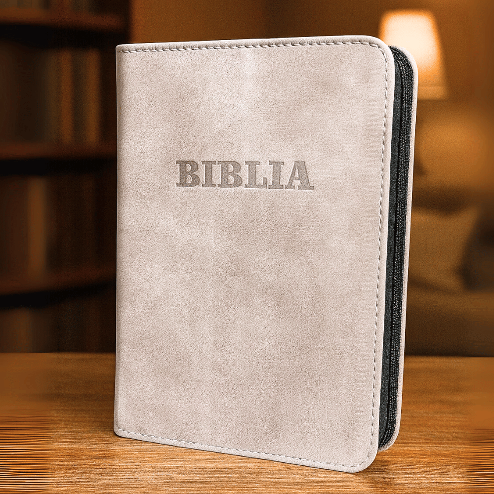 Biblie din piele, marime medie, gri, fermoar, index, margini aurii, cuv. lui Isus cu rosu [057 PFI]