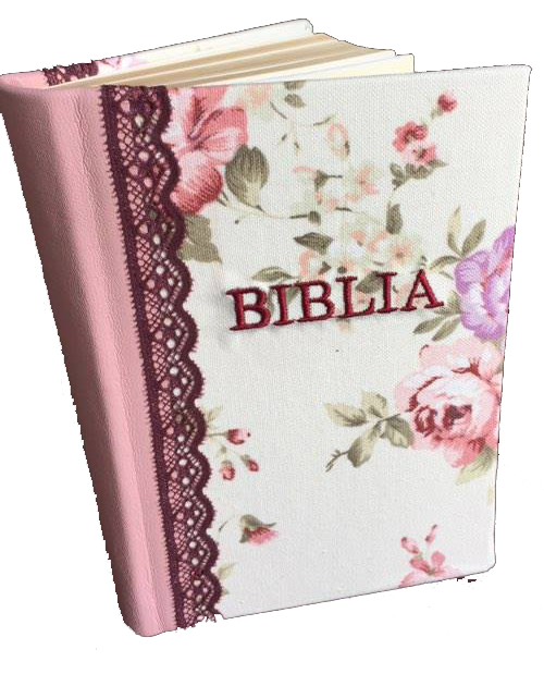 Biblia handmade, marime medie, coperta cartonata textila, model floral bej, margini aurii [SI 052 HM]