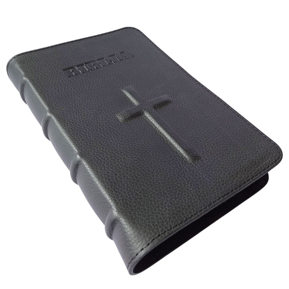Biblie din piele handmade, marime medie, neagra, simbol cruce, fara fermoar, index, margini aurii, cuv. lui Isus cu rosu [057 I]
