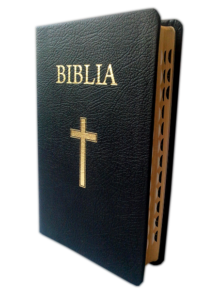 Biblia marime medie, din piele, neagra, index, aurita, cu cruce [063 PI]
