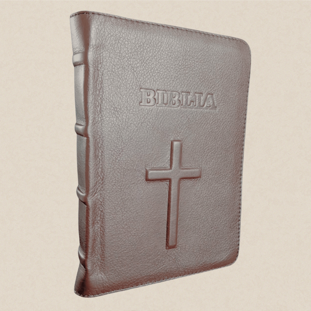 Biblia medie, piele, bej, aurita, index, fara fermoar, cuv. lui Isus cu rosu, simbol cruce in relief [057 PI]