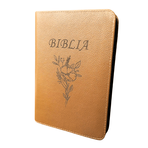 Biblie din piele, medie, maro, simbol floral gravat, fermoar, index, margini aurii, cuv. lui Isus cu rosu [057 PFI]