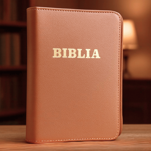 Biblie din piele, marime medie, maro, fermoar, index, margini aurii, cuv. lui Isus cu rosu [057 PFI]