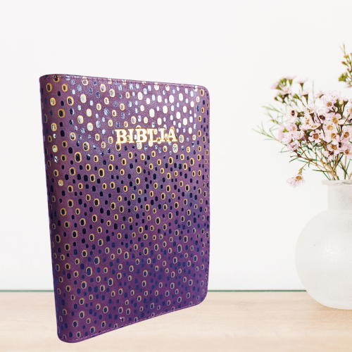 Biblie din piele, marime medie, vișiniu cu buline aurii și negre, fermoar, index, margini aurii, simbol maini in rugaciune,  cuv. lui Isus cu rosu [SB 057 PFI]