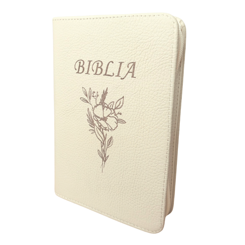 Biblie din piele, medie, crem deschis, simbol floral gravat, fermoar, index, margini aurii, cuv. lui Isus cu rosu [057 PFI]