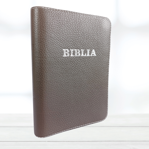 Biblie din piele, marime medie, culoare gri, fermoar, index, margini aurii, cuv. lui Isus cu rosu [SB 057 PFI]